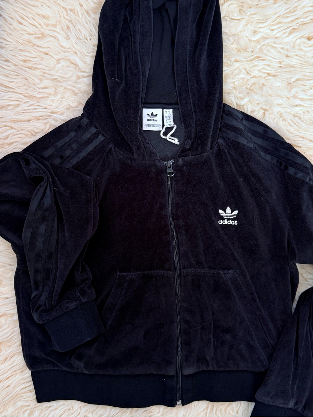 adidas Black Velour Kids Zip Hoodie with Trefoil